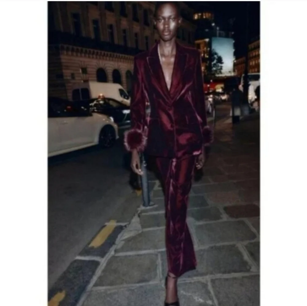 Zara Set 2 Pc Velvet Blazer With Faux Fur Cuffs and Wide Pants Size M